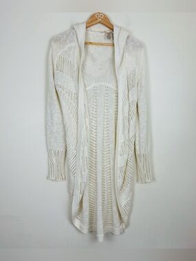 Anthropologie Moth long line cocoon open weave hooded cotton linen blend sweater